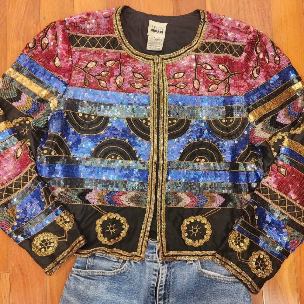 Vintage Leslie Fey evenings silk sequin beaded blouse